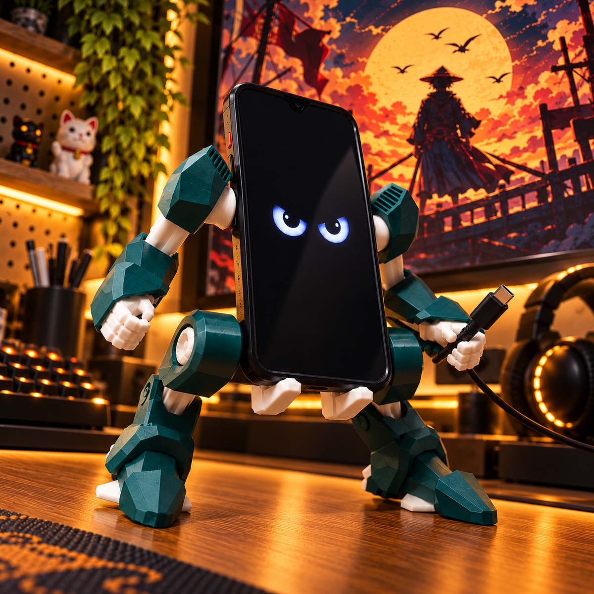 Mobile Exo-Suit – Robot Phone Holder, Mecha Smartphone Stand & Gaming Desk Organizer