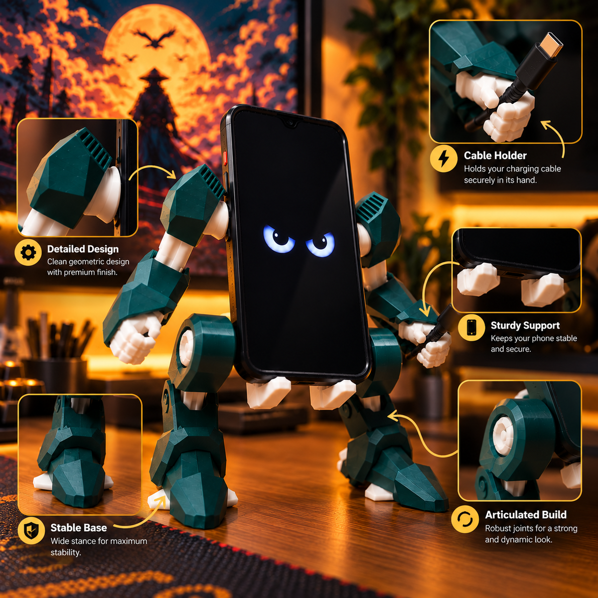 Mobile Exo-Suit – Robot Phone Holder, Mecha Smartphone Stand & Gaming Desk Organizer