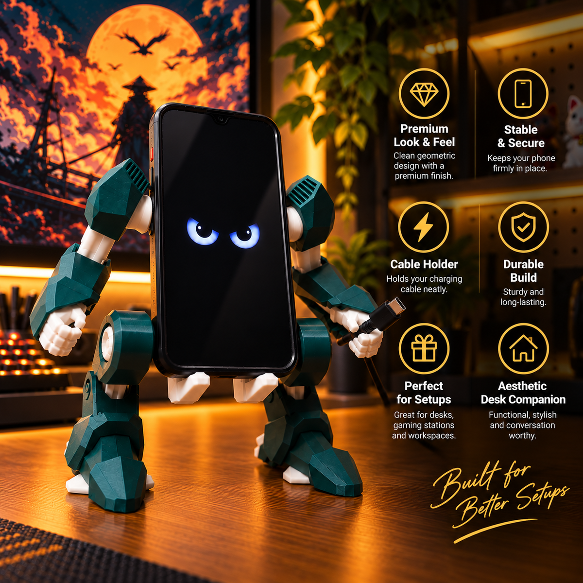Mobile Exo-Suit – Robot Phone Holder, Mecha Smartphone Stand & Gaming Desk Organizer