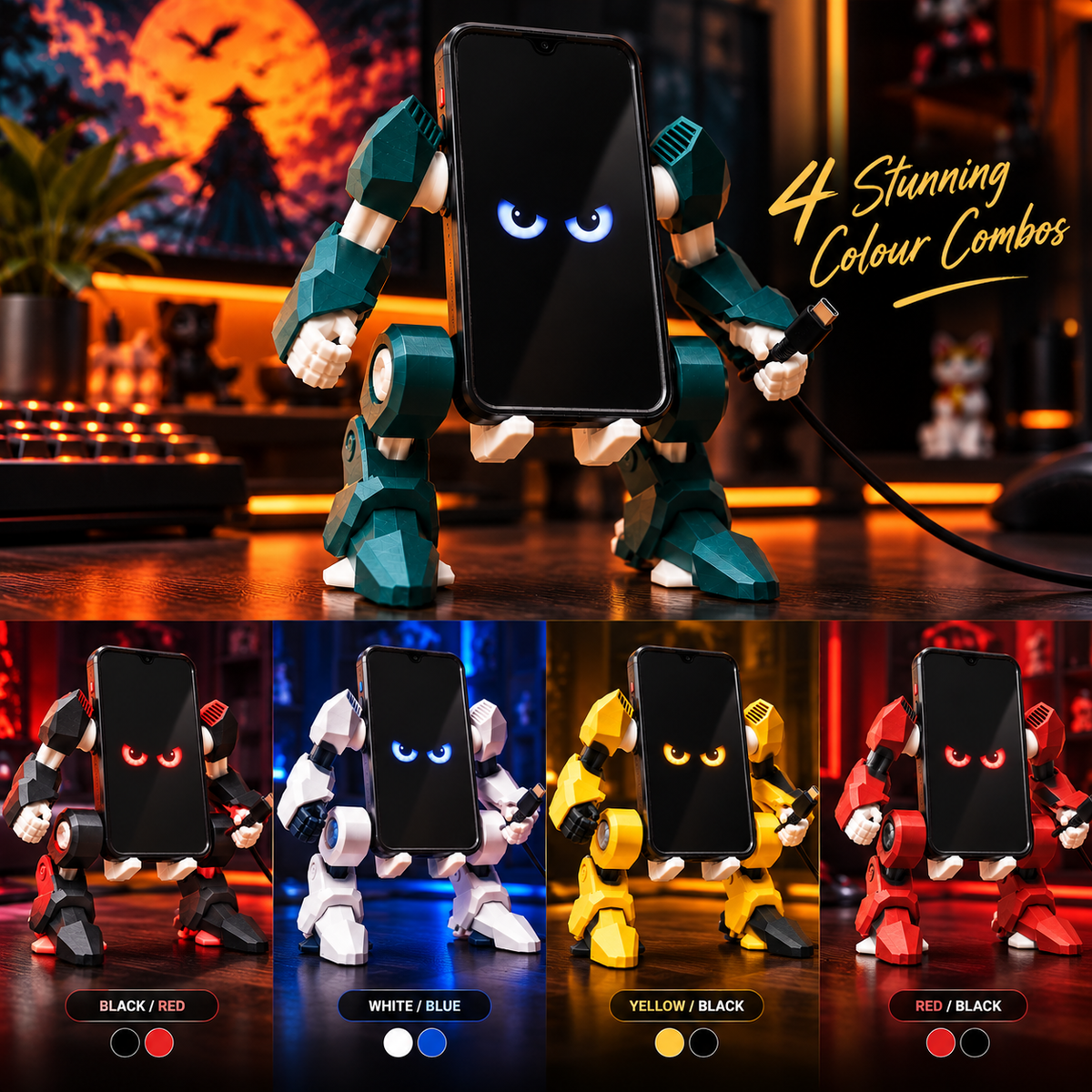 Mobile Exo-Suit – Robot Phone Holder, Mecha Smartphone Stand & Gaming Desk Organizer
